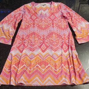 Hale Bob Pink and Orange Patterned Midi Dress With Flared Long Sleeves